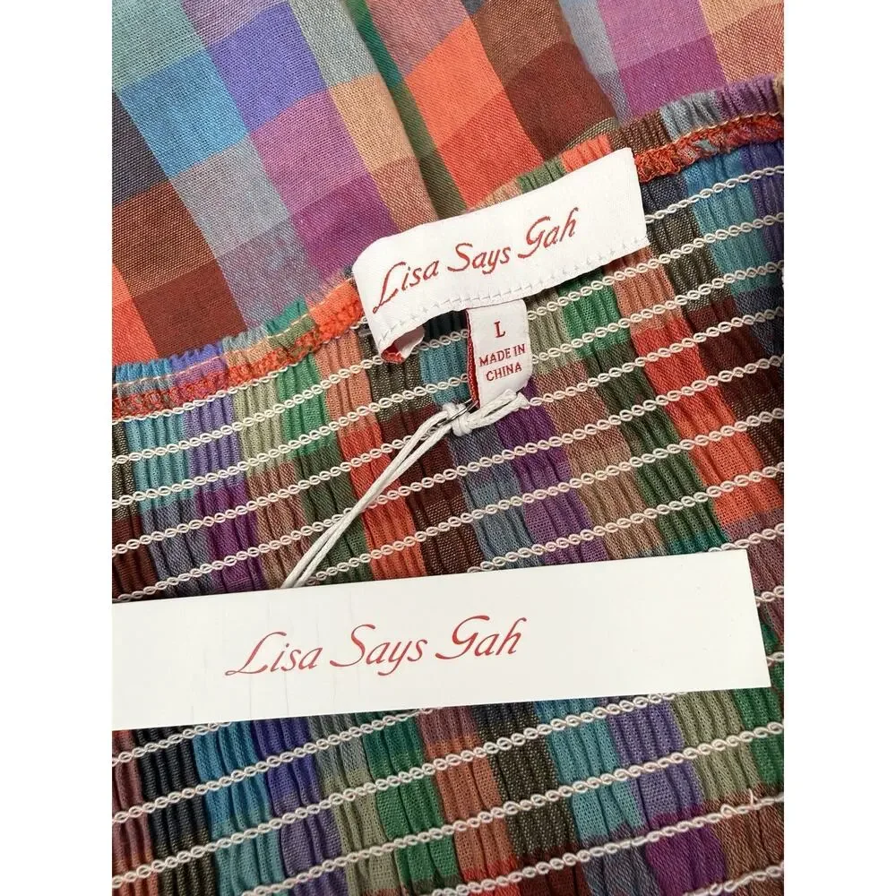 NWT Lisa Says Gah Vaughn Midi Dress Colorburst Plaid Halter Smocked Back L - Picture 10 of 11